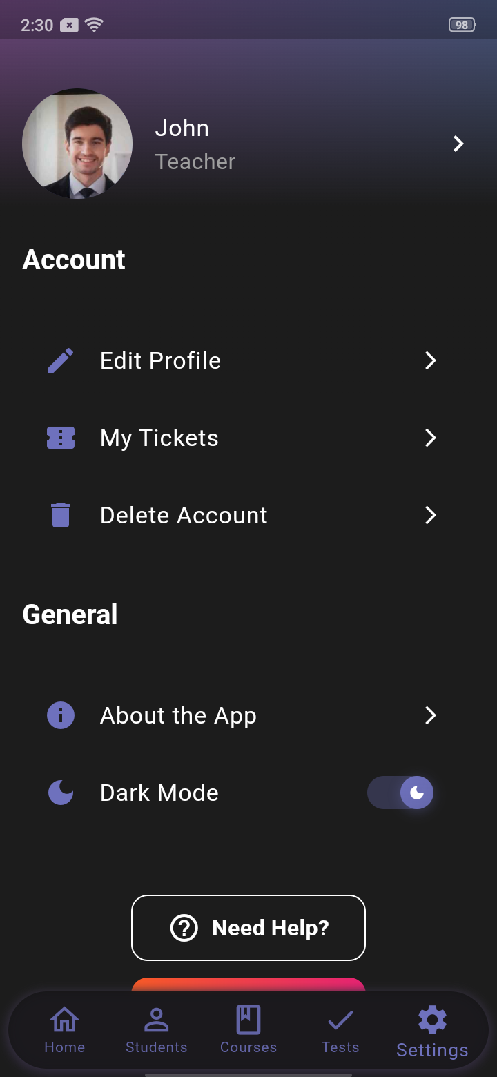 SEBA Teacher App - Settings - 0
